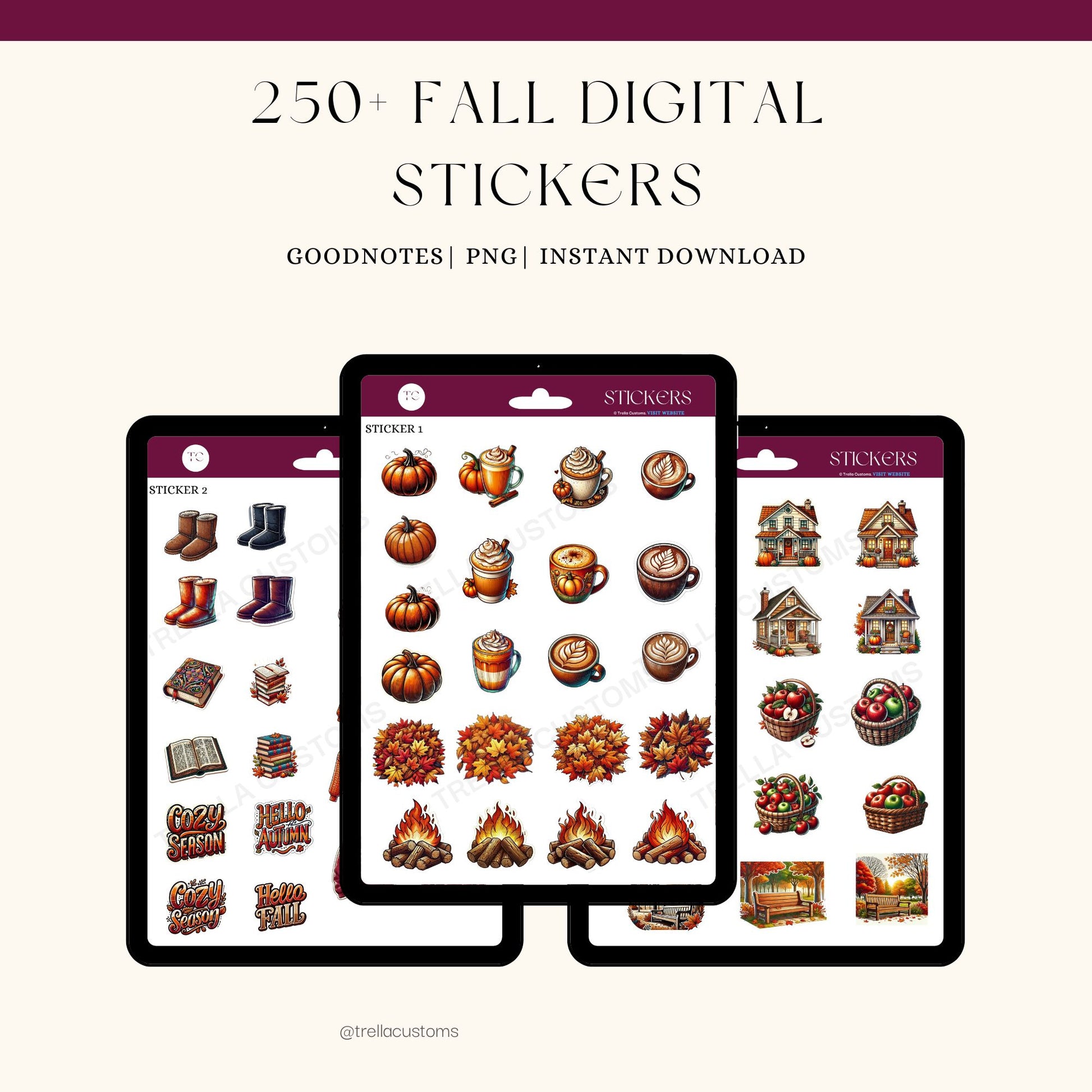 Over 250 high resolution fall digital stickers displayed on three iPads to personalize journal and planners. Enhance your fall vibe with this stunning sticker pack.