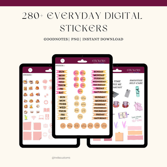 Over 280 high resolution everyday digital stickers displayed on three iPads to personalize journal and planners. Enhance your creativity with versatile, everyday-use stickers.