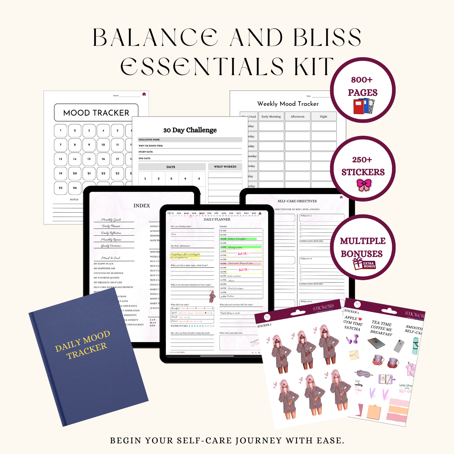 A styled mockup showing all elements of the kit (planner pages, affirmation cards, stickers, habit templates, and the wellness planner).