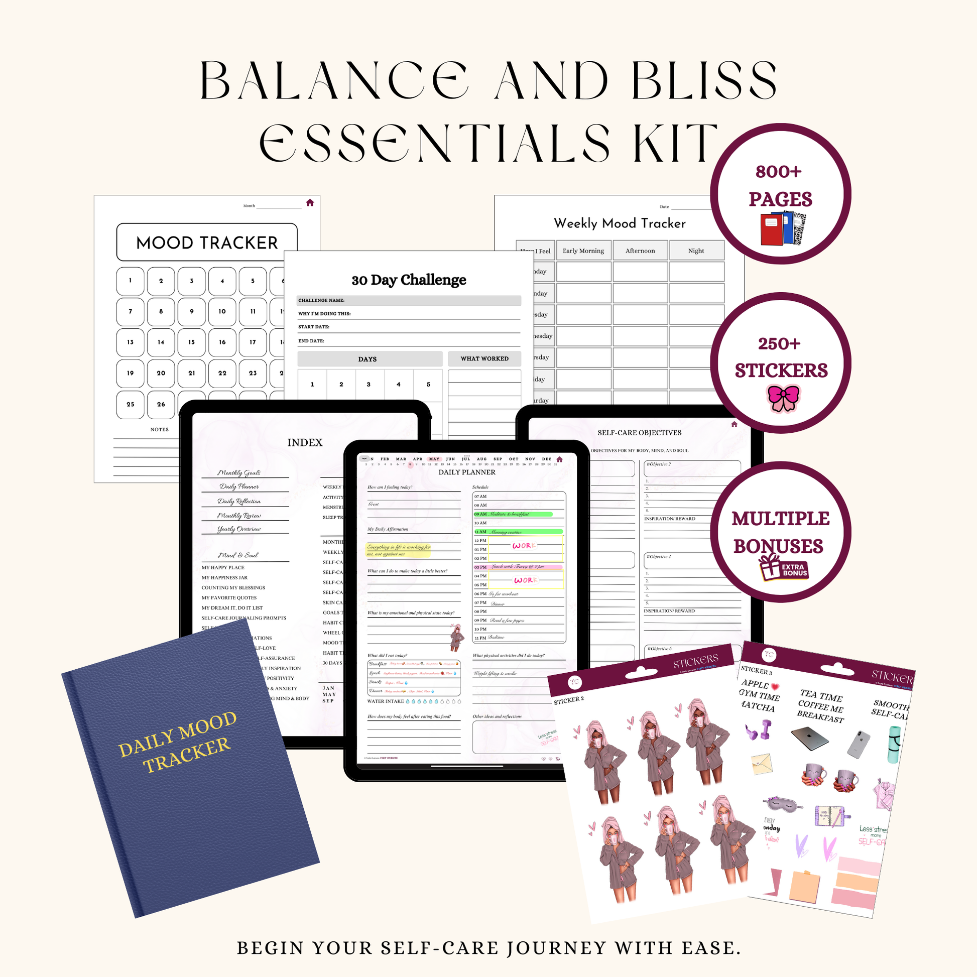 A styled mockup showing all elements of the kit (planner pages, affirmation cards, stickers, habit templates, and the wellness planner).
