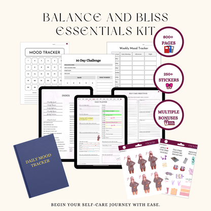 A styled mockup showing all elements of the kit (planner pages, affirmation cards, stickers, habit templates, and the wellness planner).