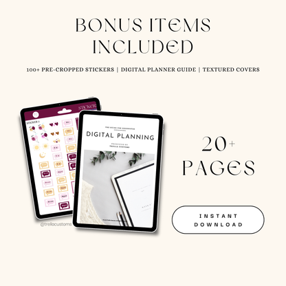 Digital planner bonuses with pre-cropped stickers, and a guide.