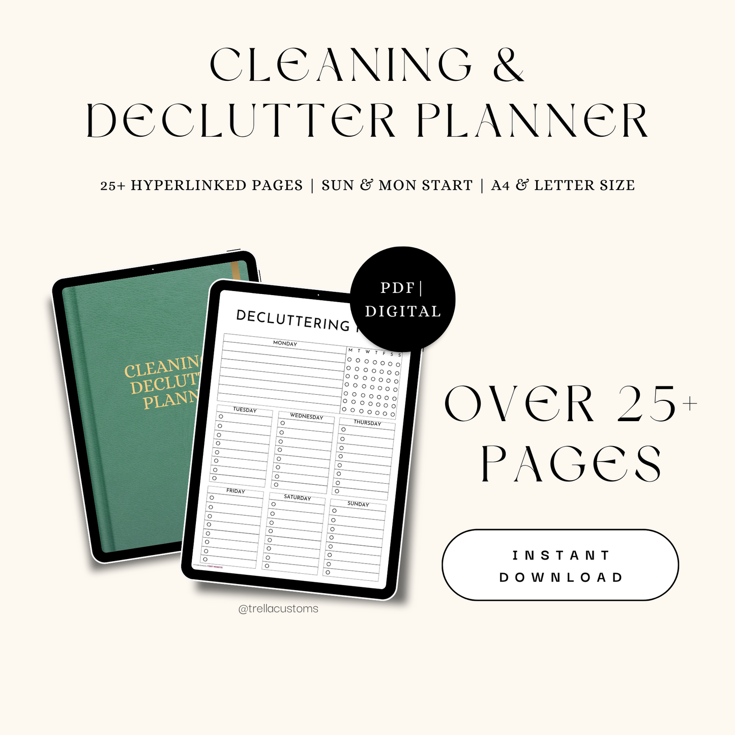 Digital declutter planner for cleaning and hyperlinked for instant download.