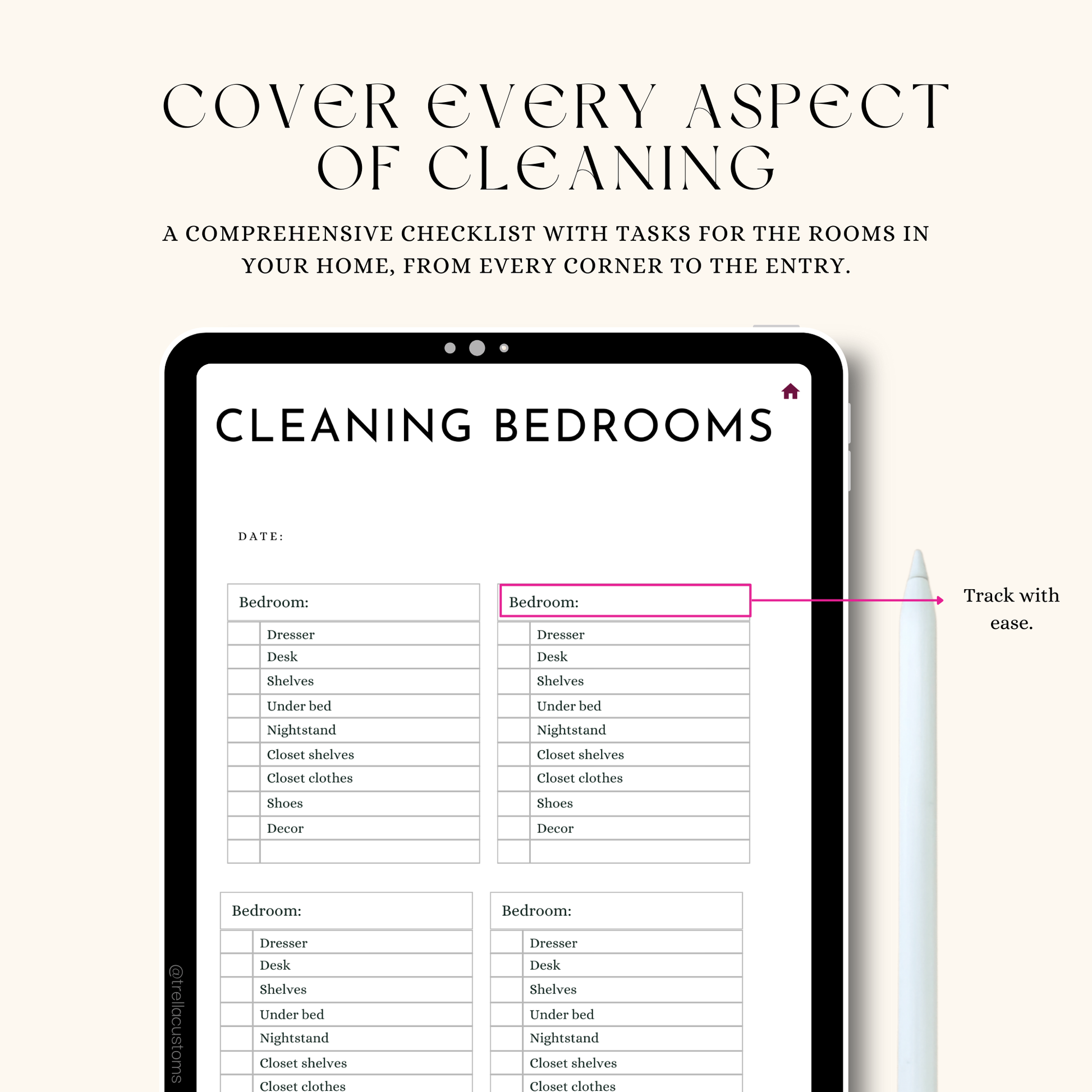 A comprehensive checklist for cleaning different rooms in your home.