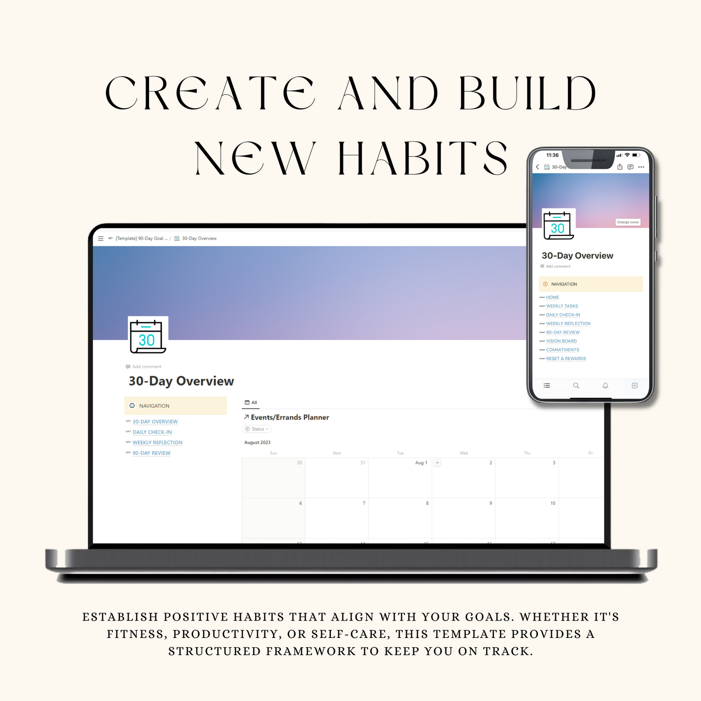 Multiple iOS devices with notion template, vision board, and  tutorial database.