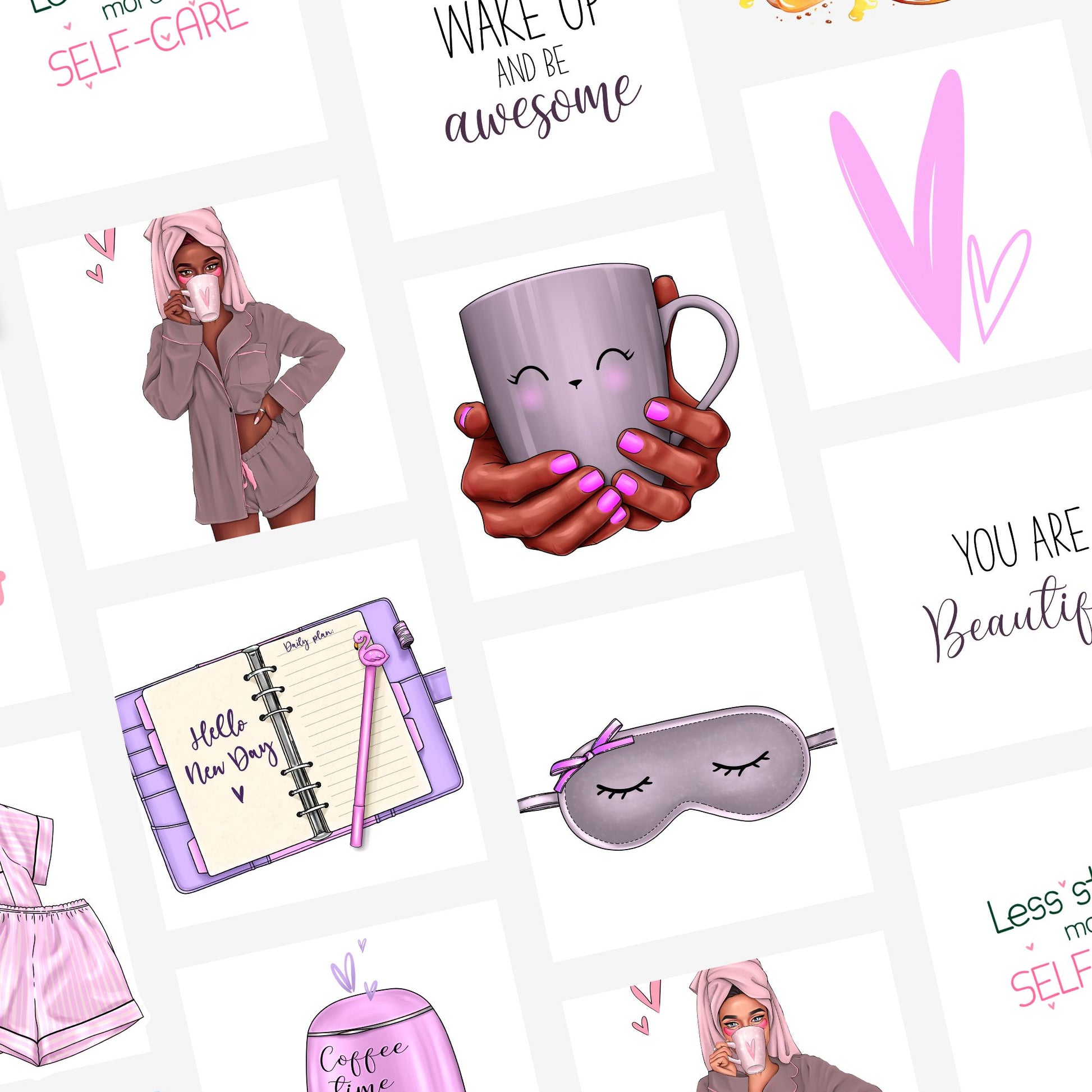 An overview of 280 everyday digital stickers featuring fitness equipment, self-care elements, and more. Tailored to elevate your aesthetics with these customizable sticker sheets.