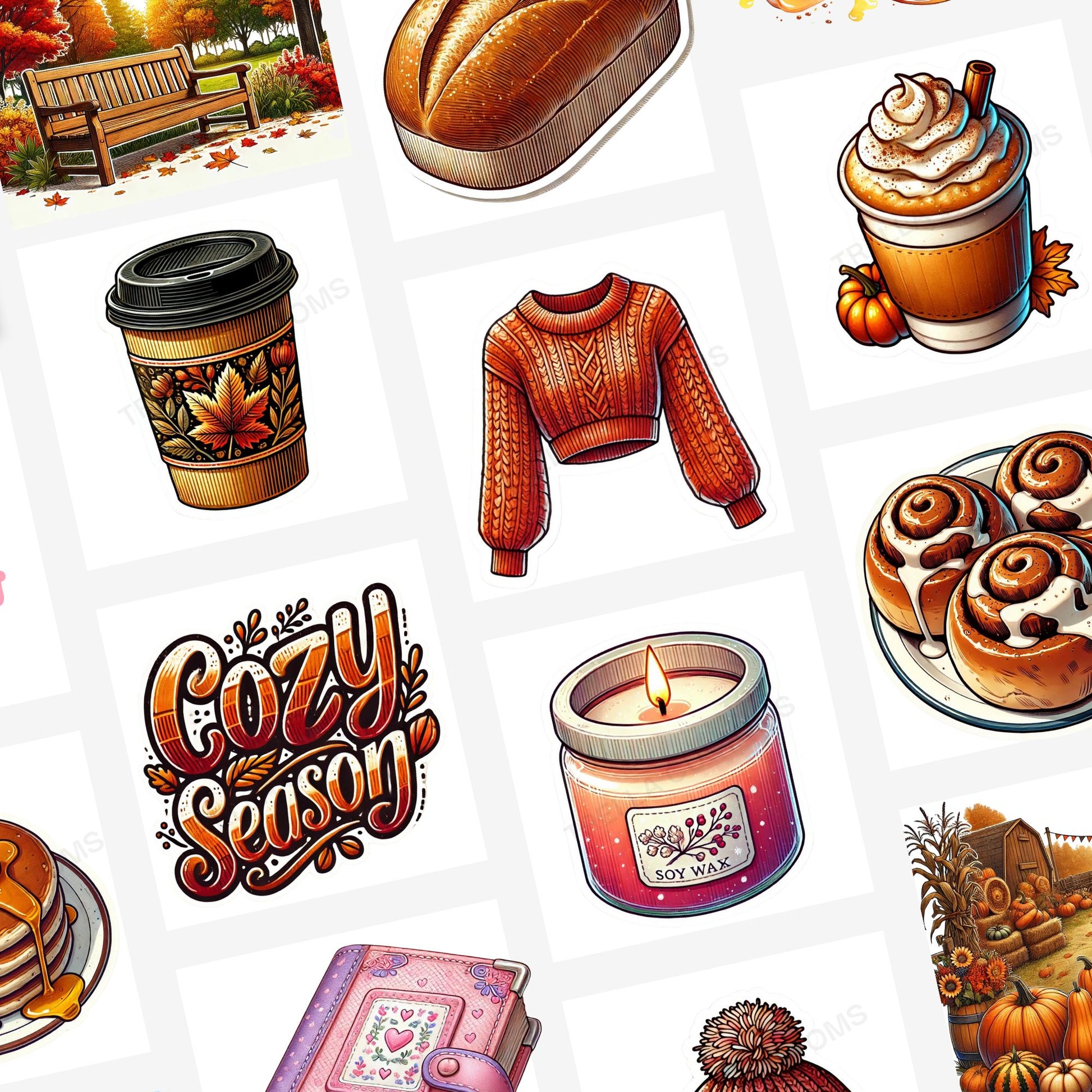 An overview of 250 fall digital stickers featuring pumpkins, cozy elements, and more. Tailored to elevate your fall aesthetics with these customizable sticker sheets.