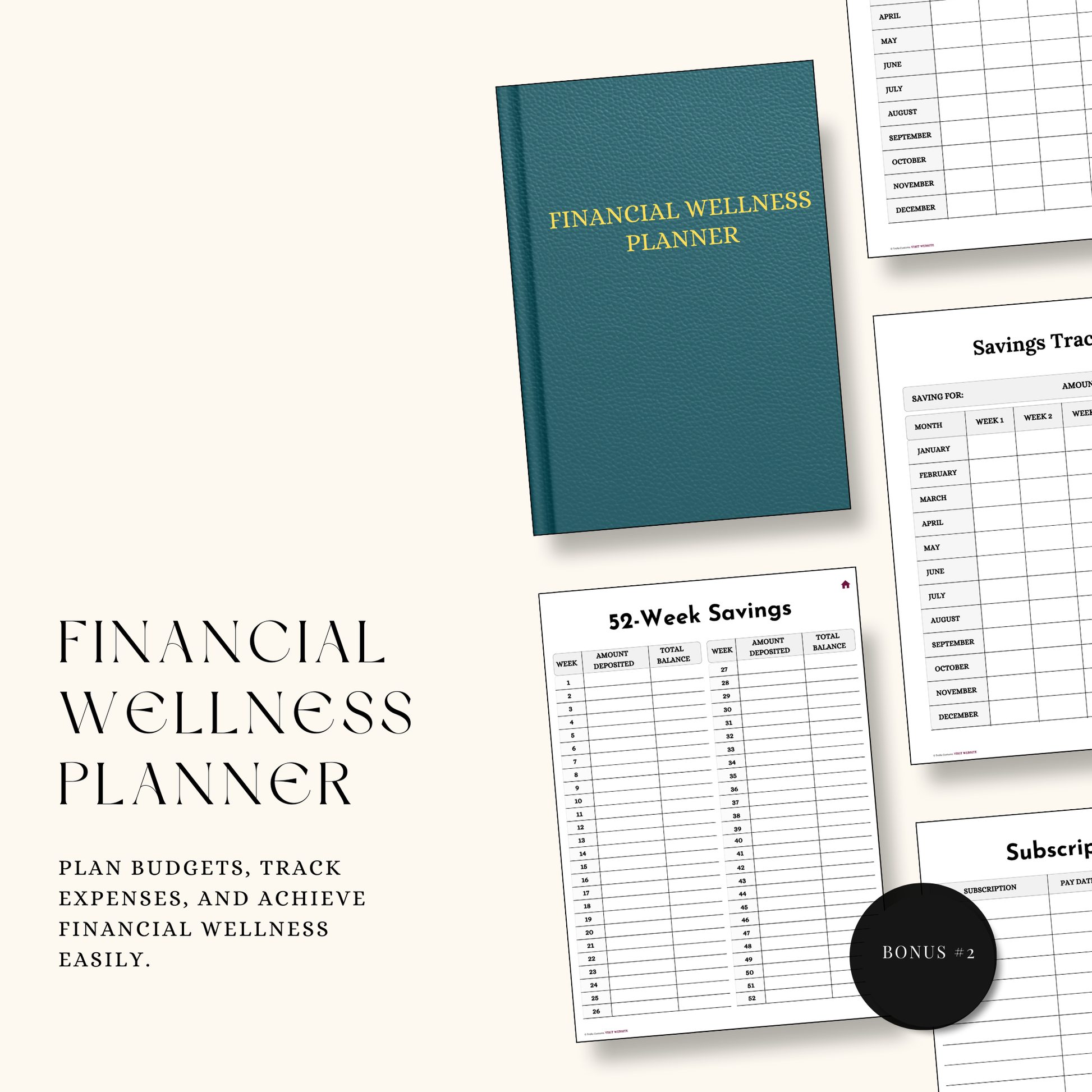 A financial planner mockup with a screenshot of budgeting templates to manage your money with ease.