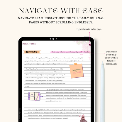 Daily journal entry page on iPad device with Apple pencil to express thoughts and reflect on habits daily.