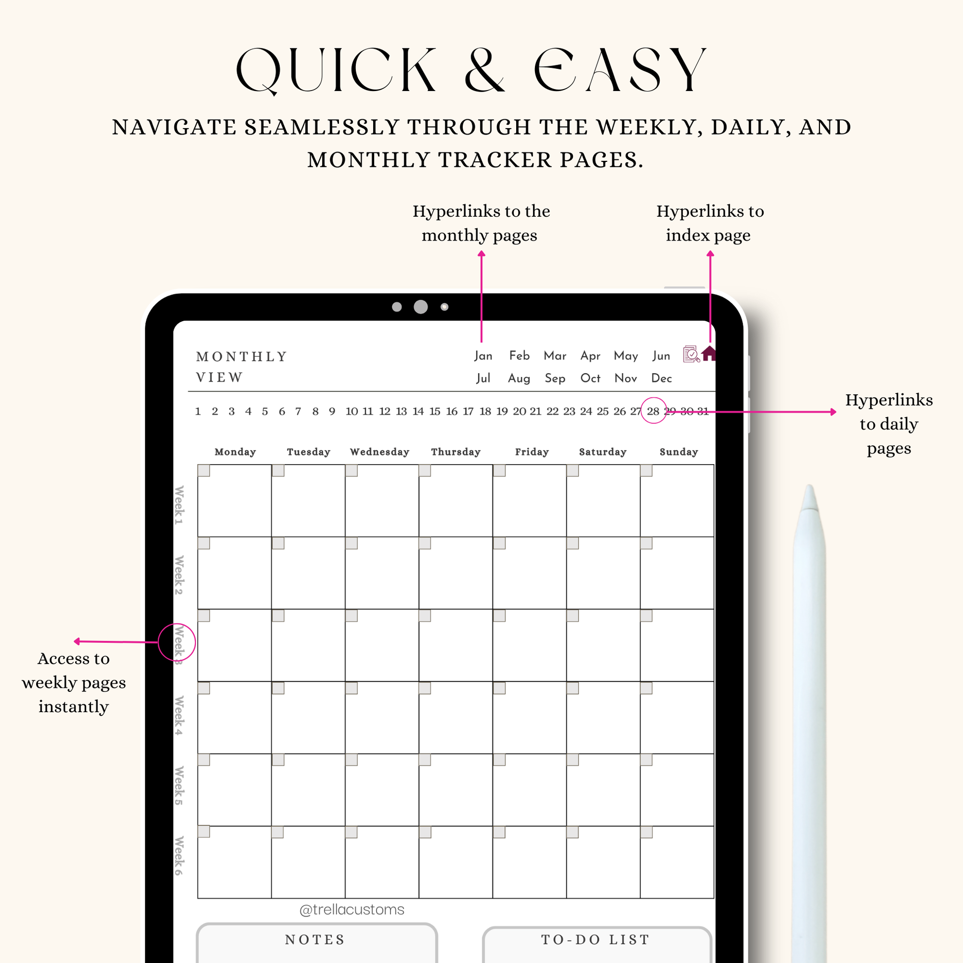 Undated digital planner showcasing the monthly overview for weekly, daily, and monthly pages.