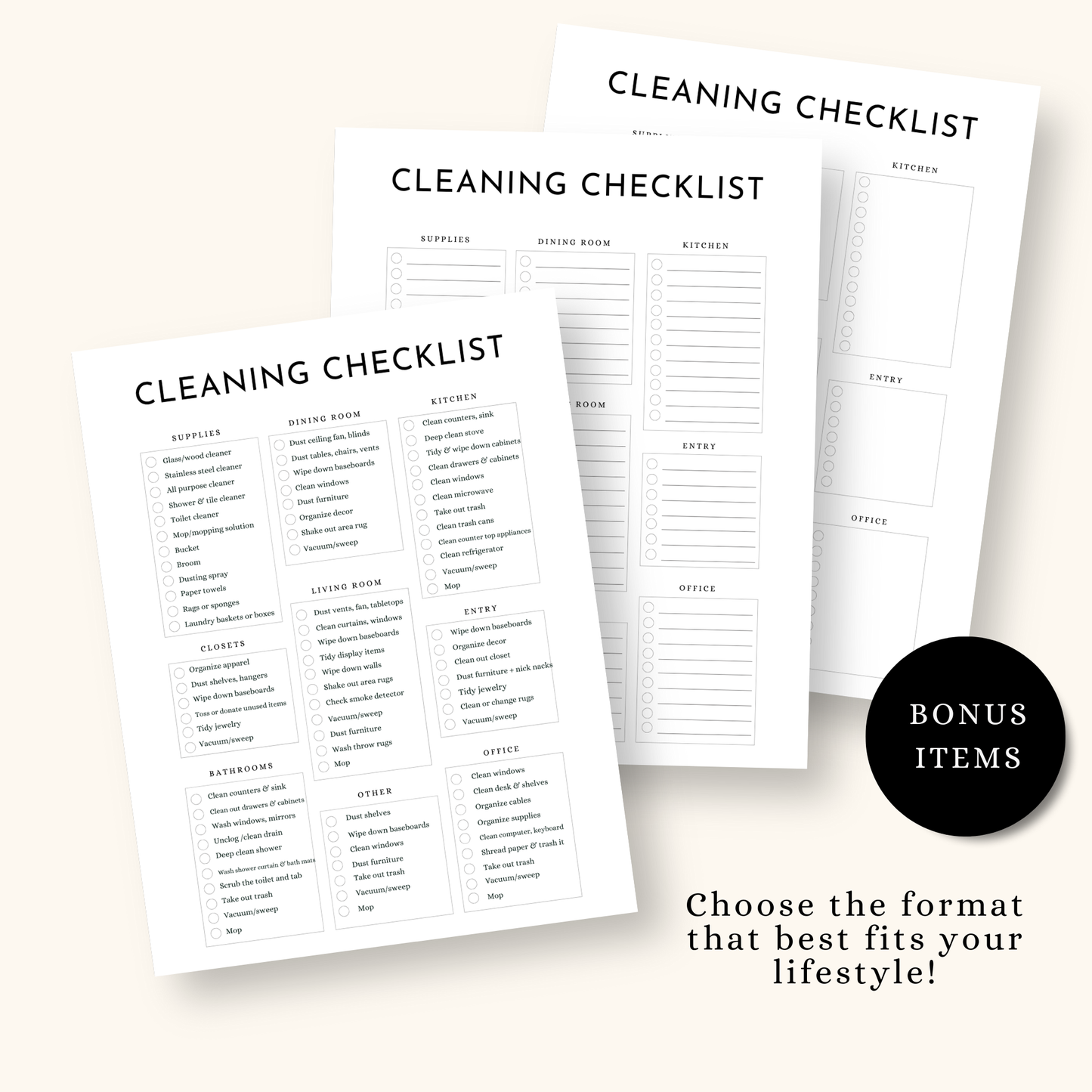 Multiple sizes of the cleaning checklists.