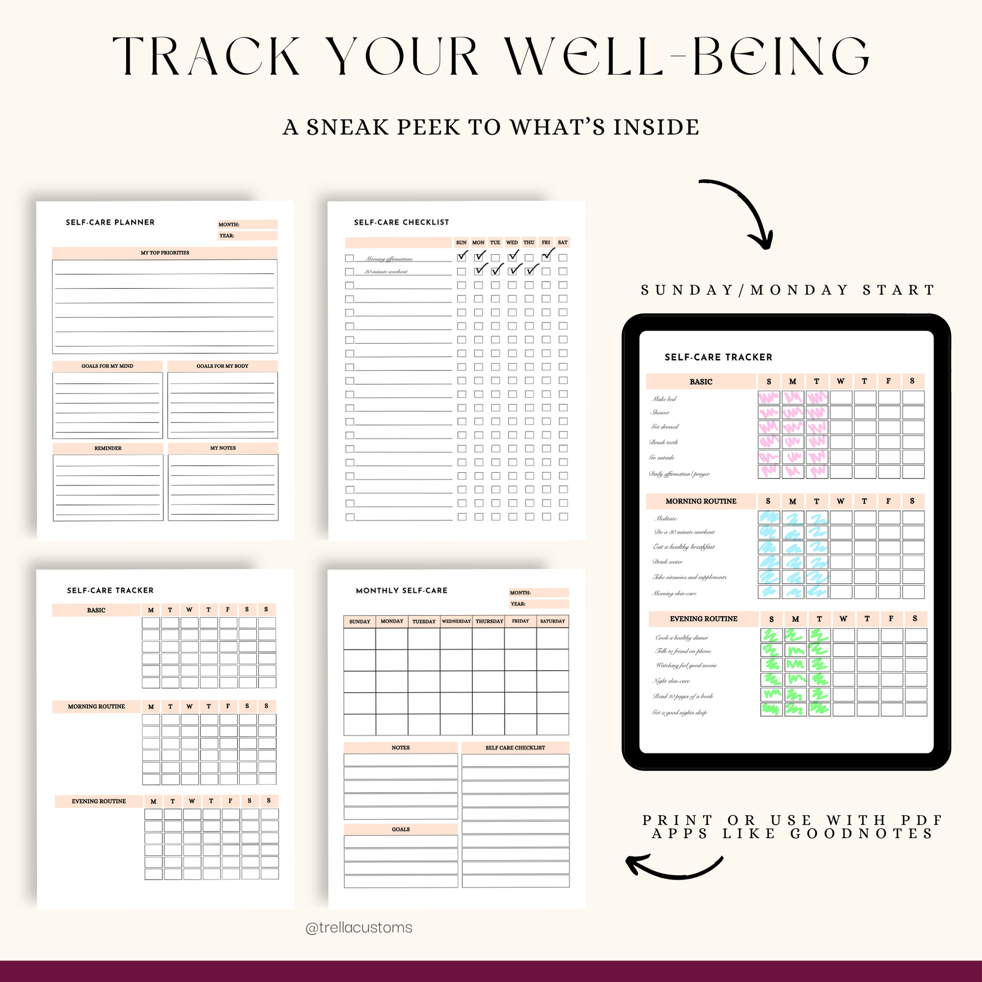 A sneak peek to the different tracjers for self-care with a Monday and Sunday start.