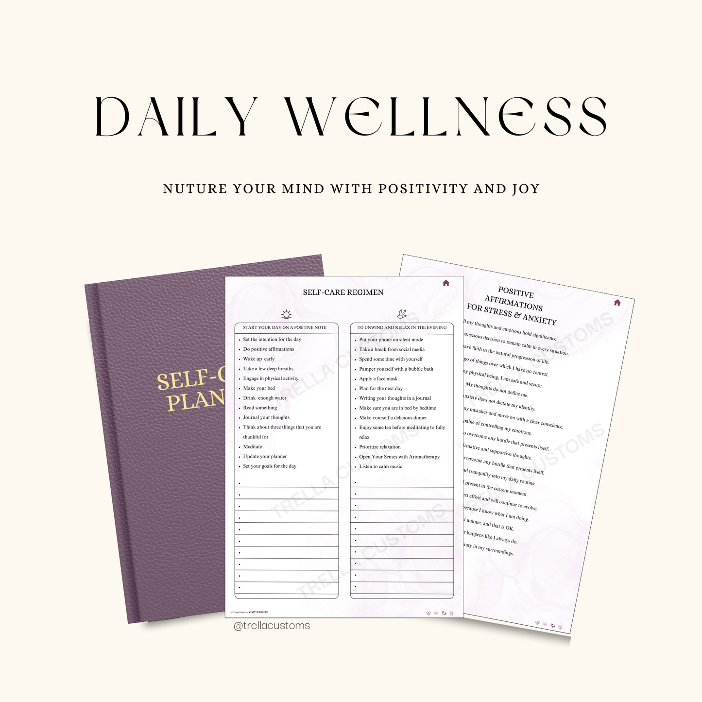 Planner template with sections for a calming pastel color scheme and motivational quotes for promoting positivity and wellness.