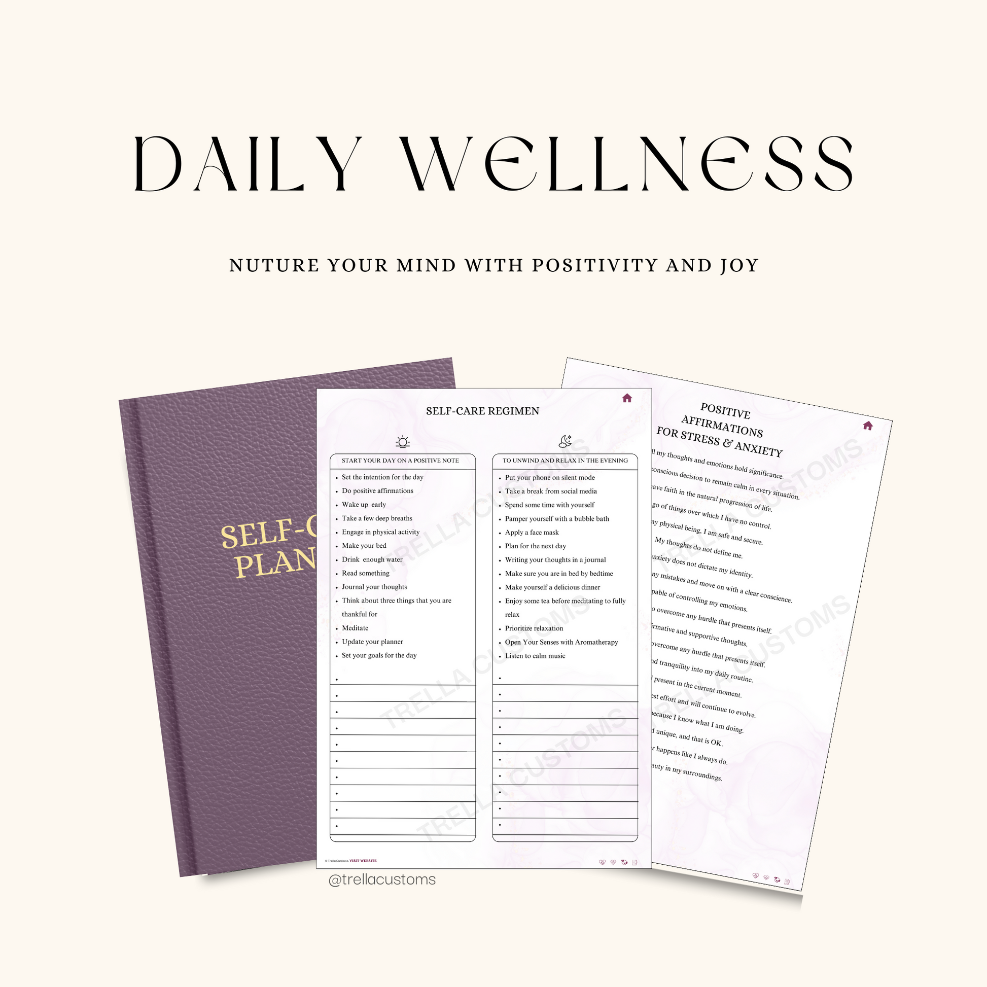 Planner template with sections for a calming pastel color scheme and motivational quotes for promoting positivity and wellness.