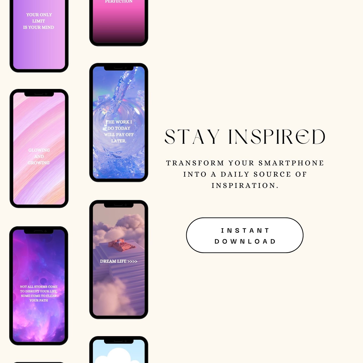Multiple phone wallpapers with one that is a vibrant pink and blue watercolor background. A powerful quote to overcome challenges and build self-confidence.