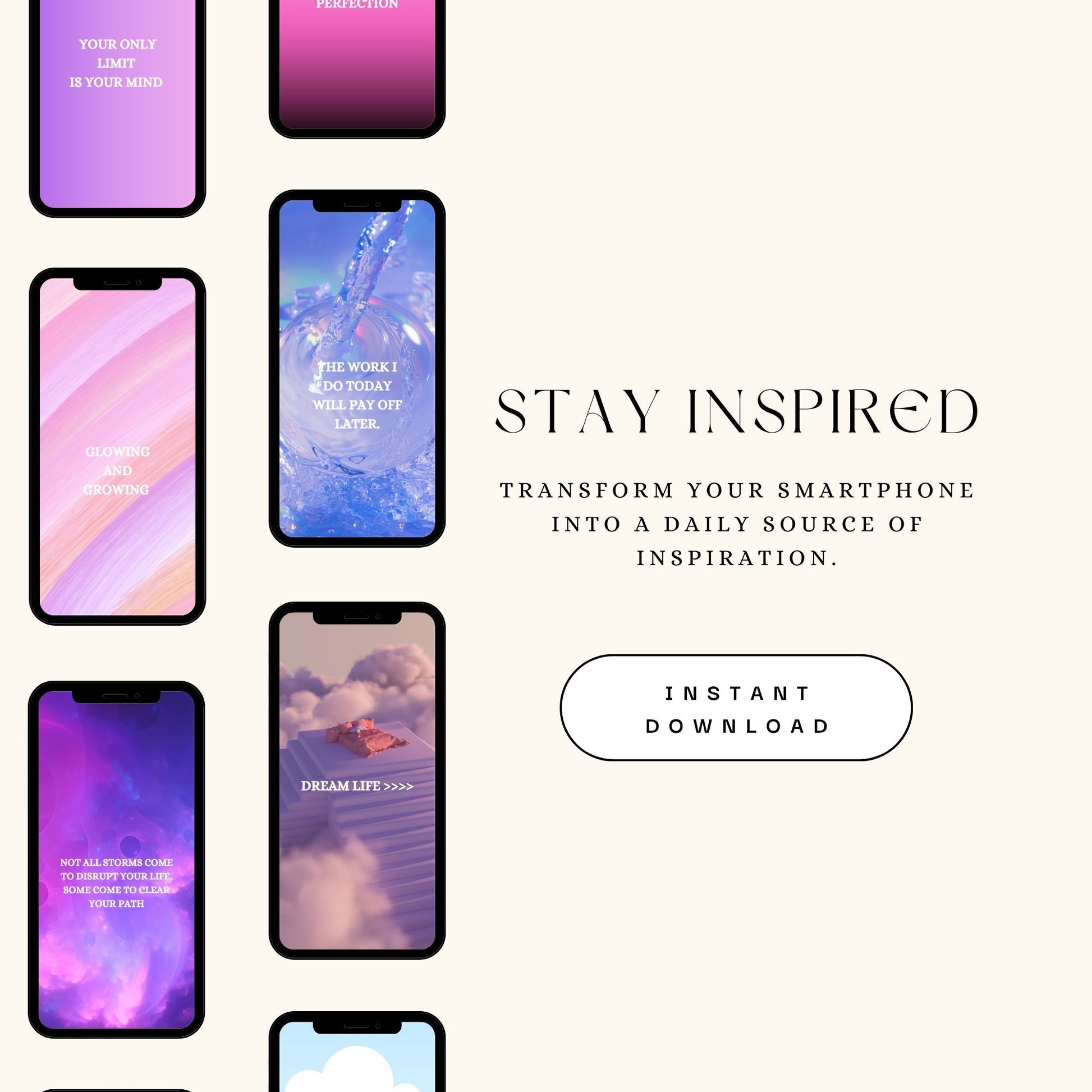 Multiple phone wallpapers with one that is a vibrant pink and blue watercolor background. A powerful quote to overcome challenges and build self-confidence.
