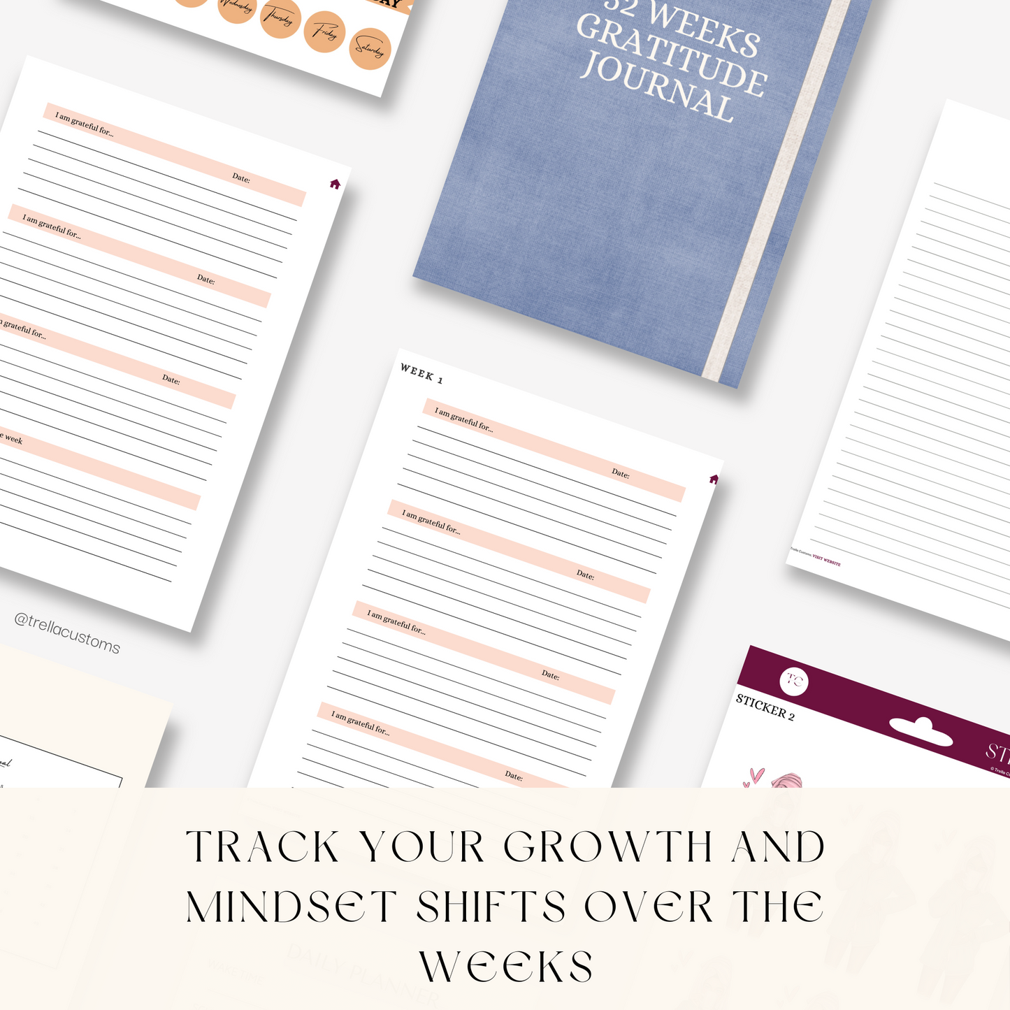 A preview of the different pages within the journal to help track for the 52 weeks. 