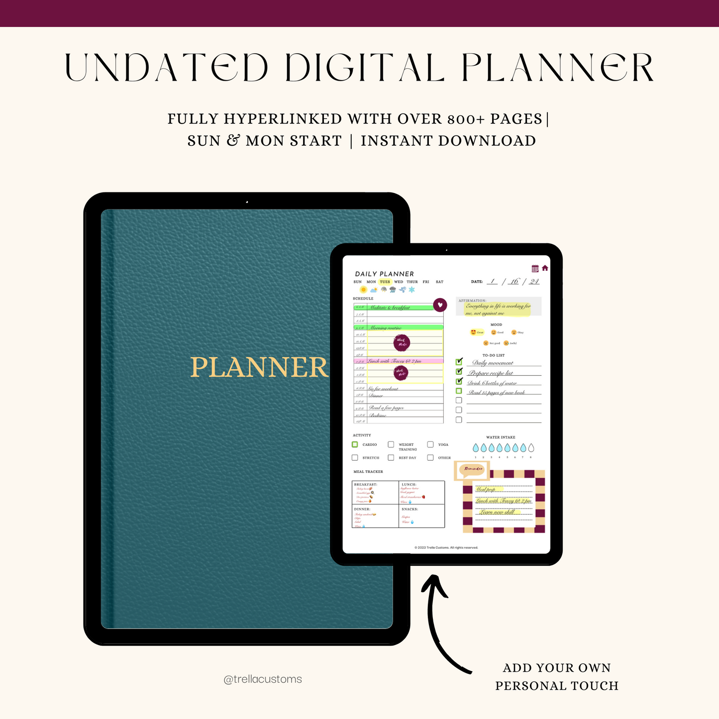 Undated digital planner fully hyperlinked with over 800+ pages Sunday and Monday start