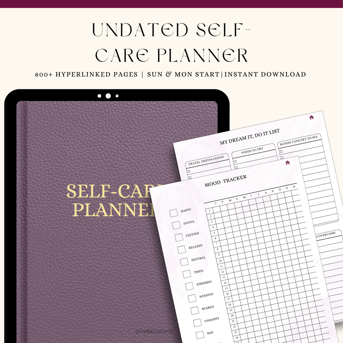Undated digital self-care planner on a tablet screen. The planner  includes sections for daily affirmations, mood tracking, hydration log, and self-care activities. The layout is clean and minimalistic. 