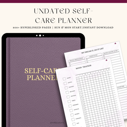 Undated digital self-care planner on a tablet screen. The planner  includes sections for daily affirmations, mood tracking, hydration log, and self-care activities. The layout is clean and minimalistic. 
