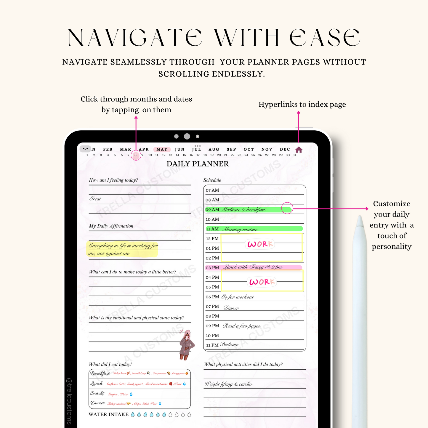 Undated self-care planner template has months and dates that are hyperlinked for simple navigation.