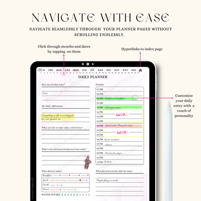 Undated self-care planner template has months and dates that are hyperlinked for simple navigation.