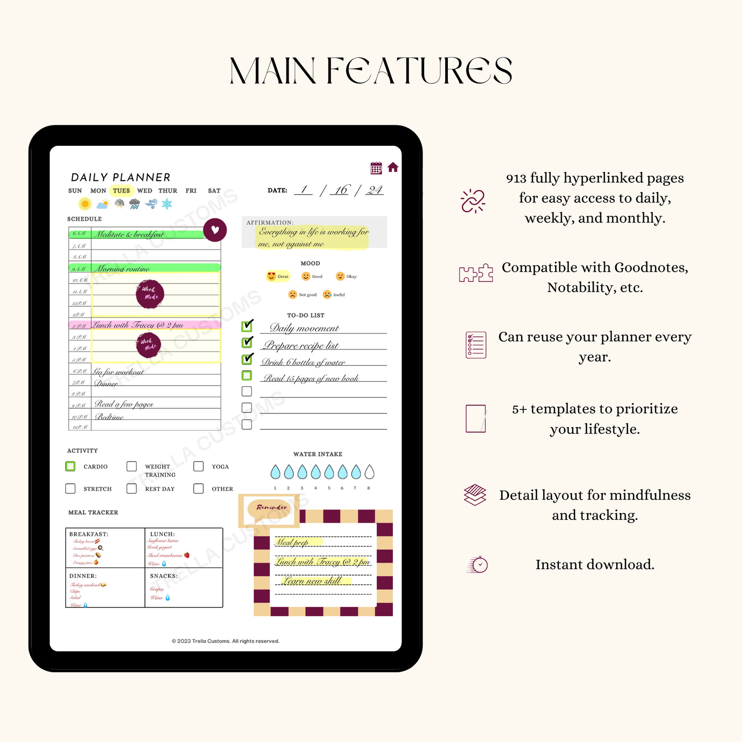 Main features to jot down the important parts of life with ease.