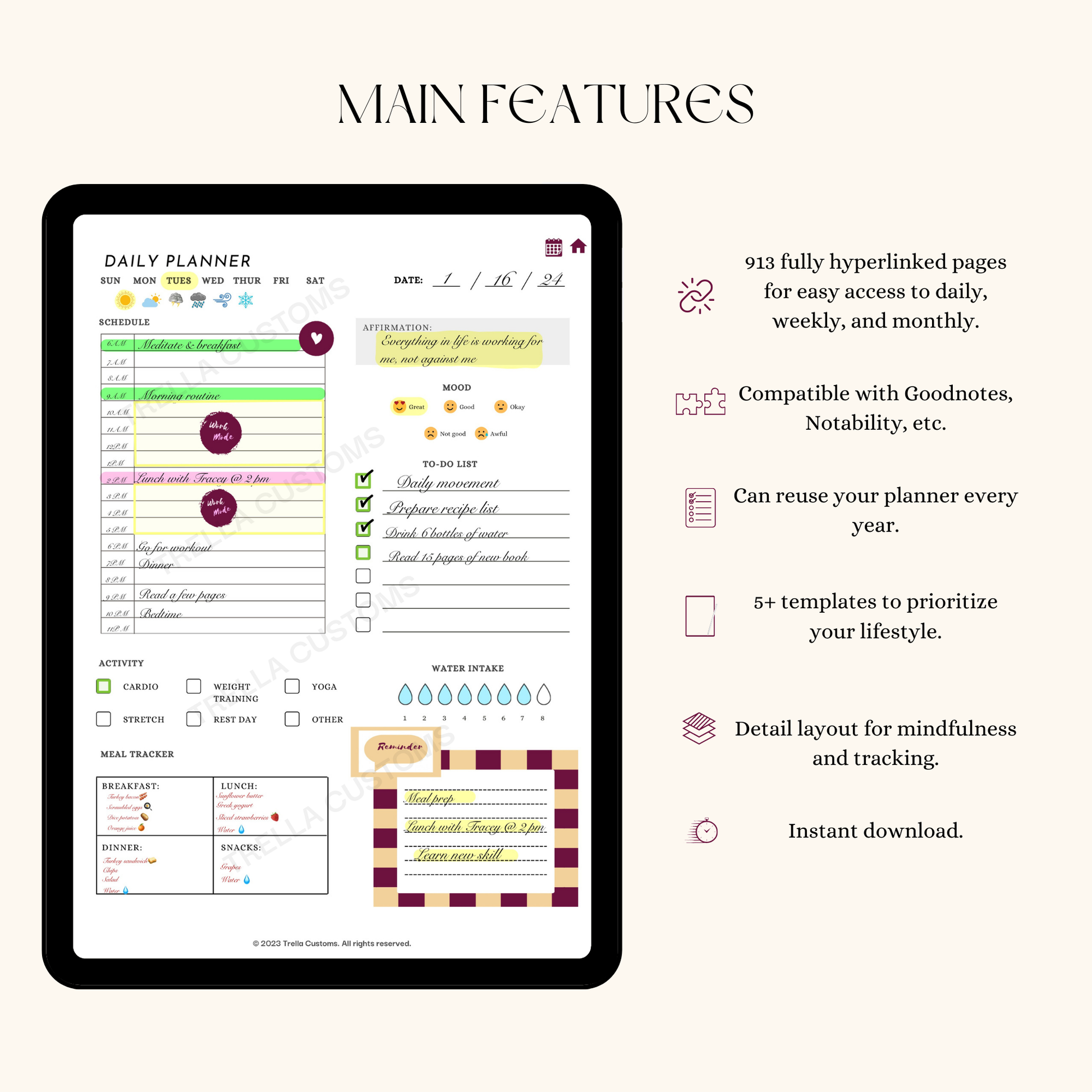 Main features to jot down the important parts of life with ease.