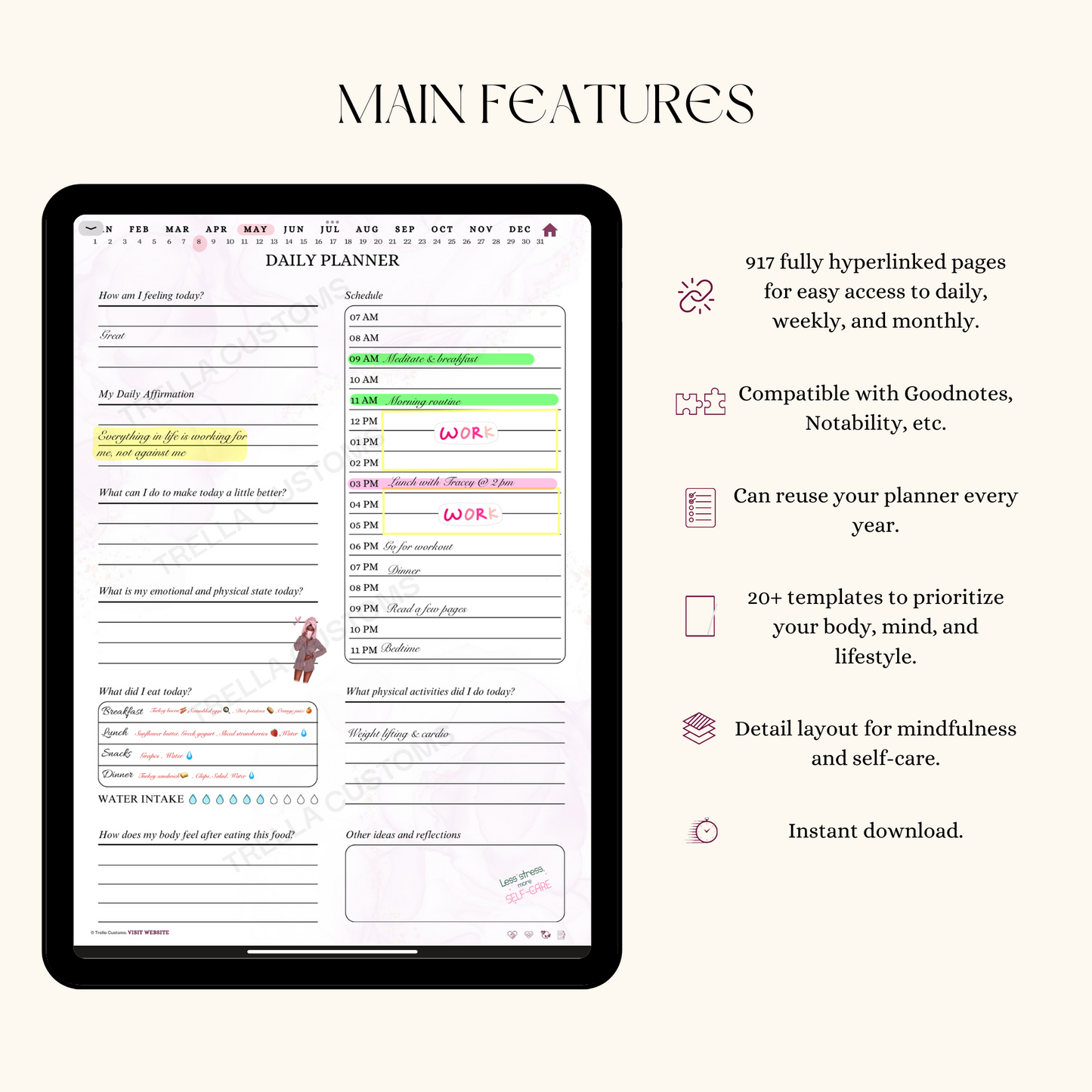 Main features within the self-care planner that consist of over nine hundred hyperlinked pages for easy navigation and can be instantly downloaded..