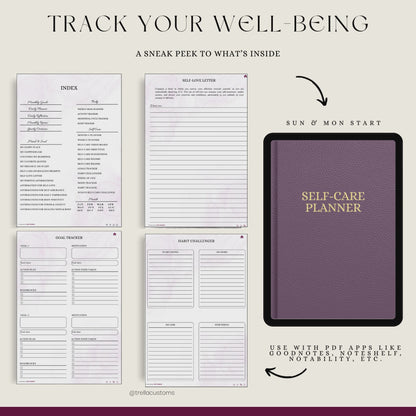 Brief video of a sneak peek of the latest digital self-care planner with premium templates for activities. The planner includes a self-love letter, goal tracker, and Sunday and Monday versions.