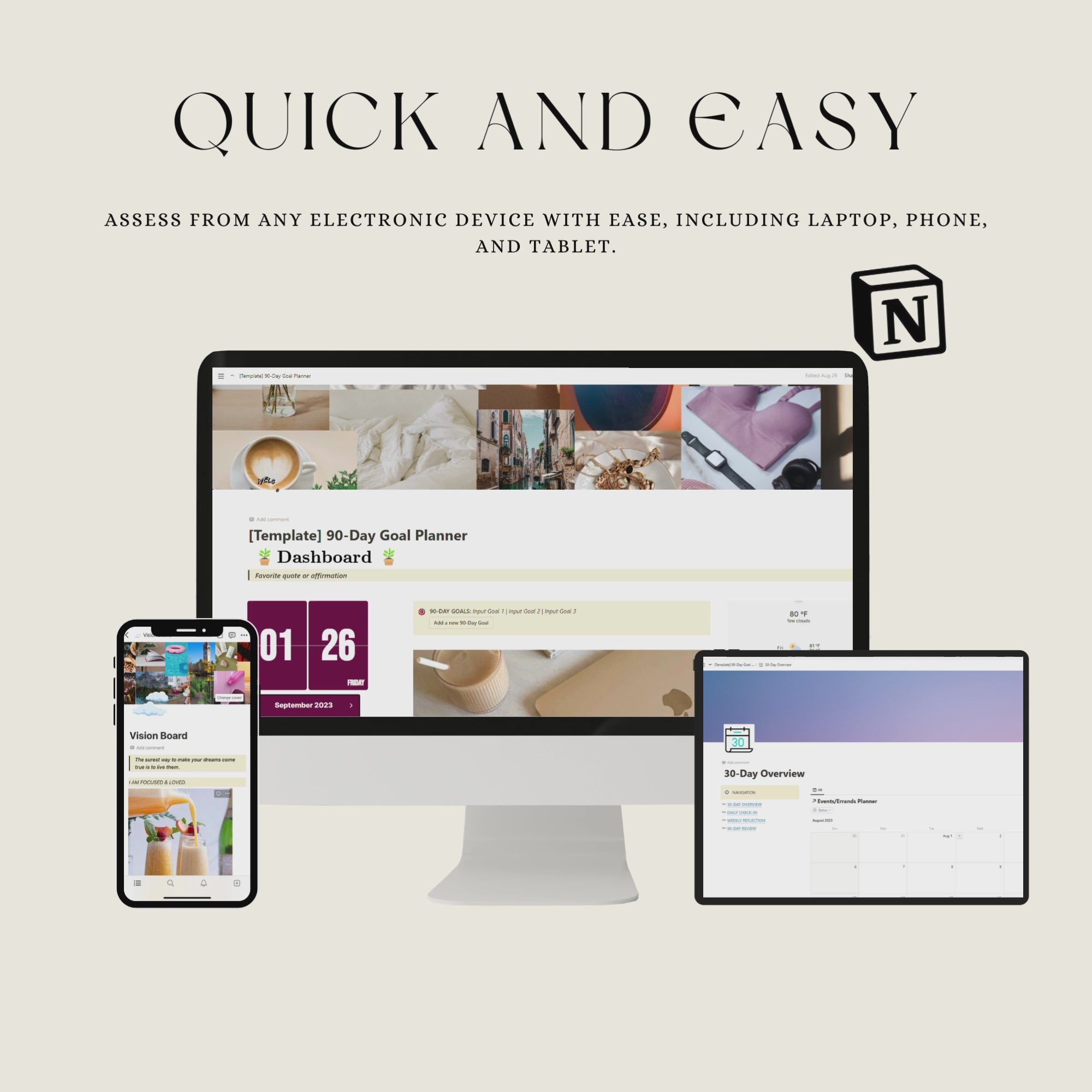 A visual walkthrough of Notion template on laptop with the ability to accomplish distractions and track habits and routines.