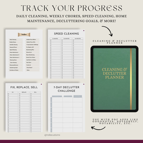 Different pages of the bonus planner featuring the index and declutter plan.