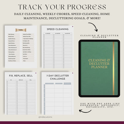Different pages of the bonus planner featuring the index and declutter plan.