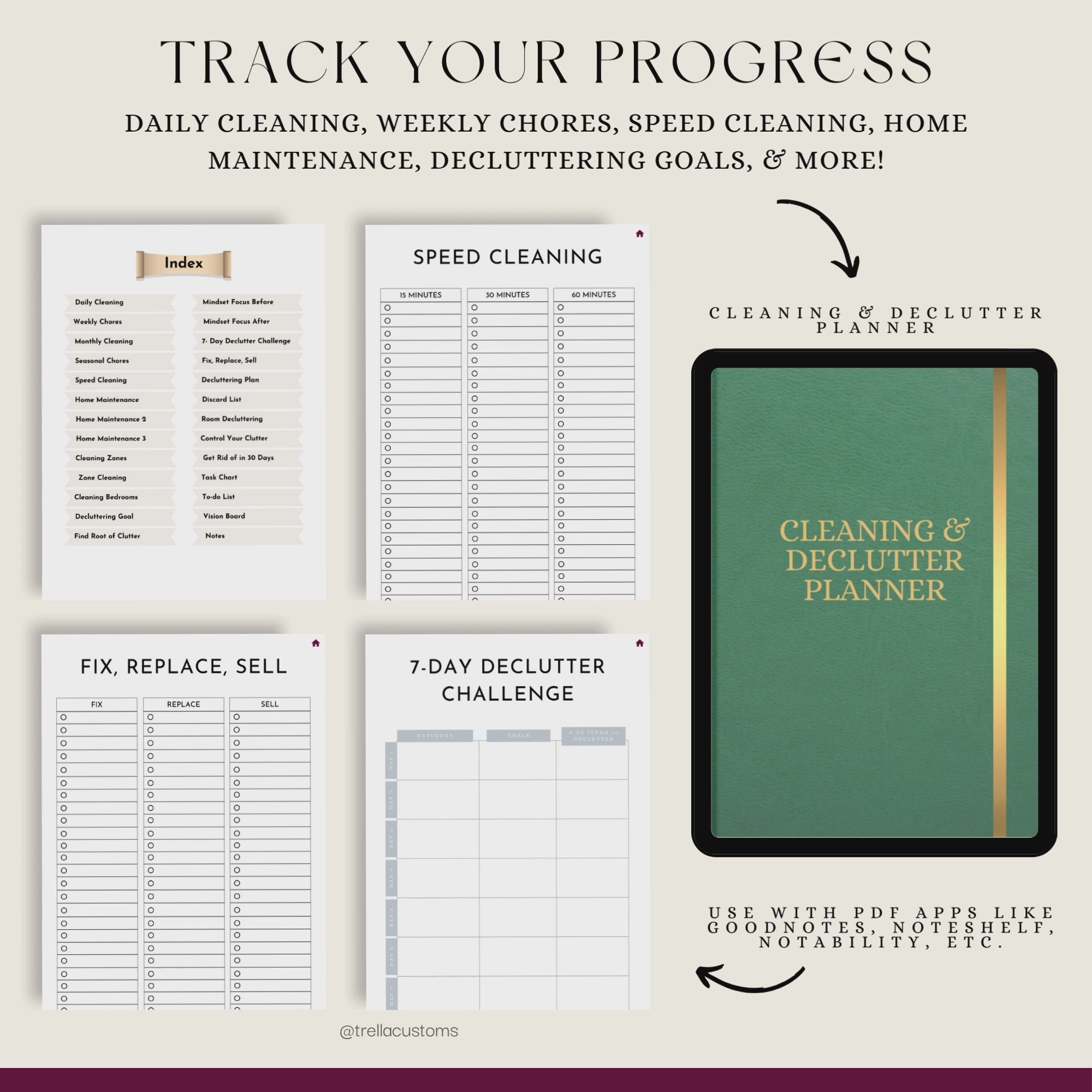 Different pages of the bonus planner featuring the index and declutter plan.